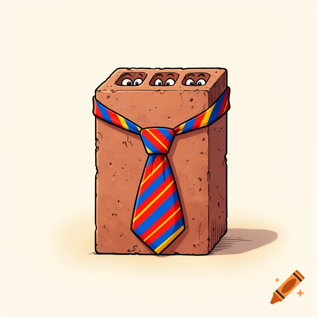 A cartoon illustration of a reddish-brown brick with six eyes peeking from three holes, wearing a striped blue, red, and yellow necktie.