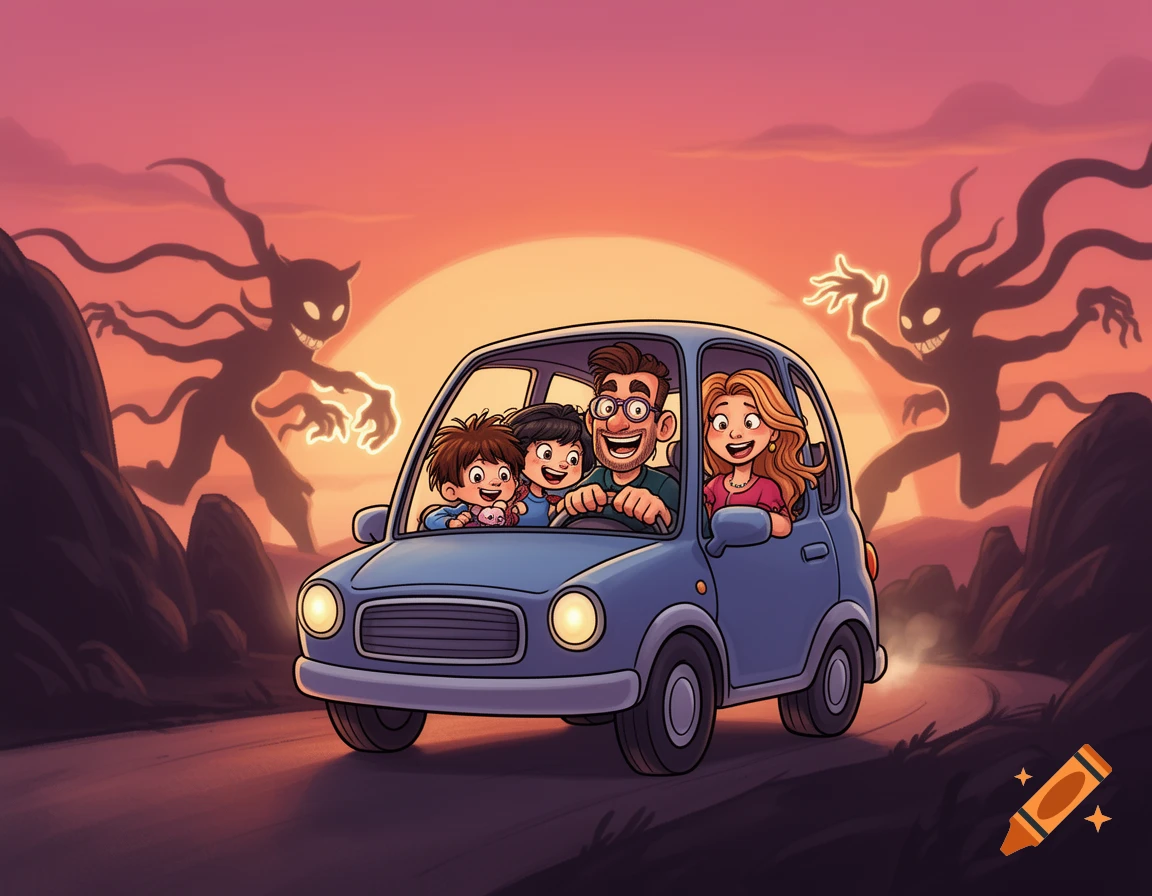 A cartoon family of four drives a blue car at sunset, shadowed by grinning, tentacled monsters with glowing eyes and hands.