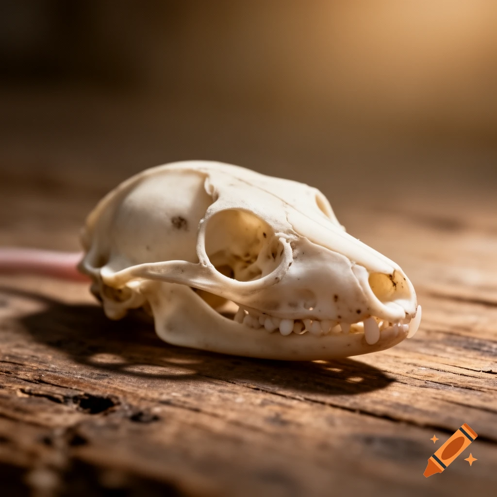 Photorealistic close-up of a small mammal skull, likely a mouse, resting on a textured wooden surface under warm light.