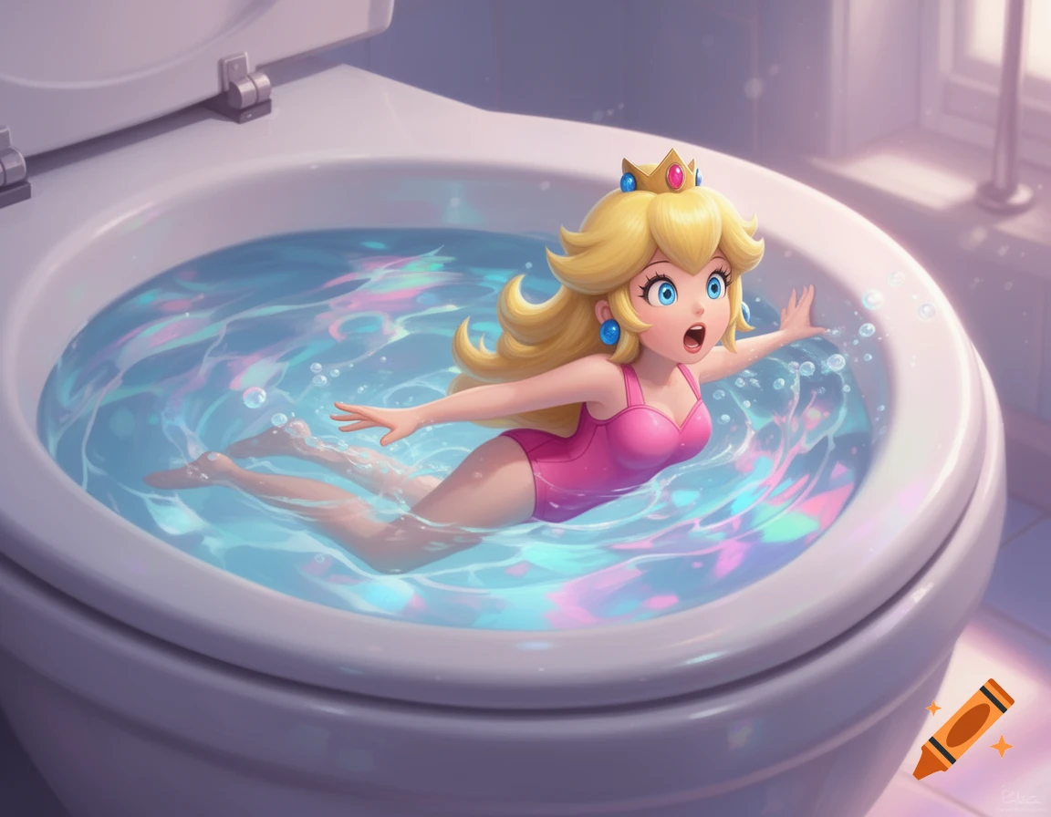 Princess Peach in a pink swimsuit with a crown, swimming in a toilet bowl filled with shimmering blue water, in a digitally drawn illustration.
