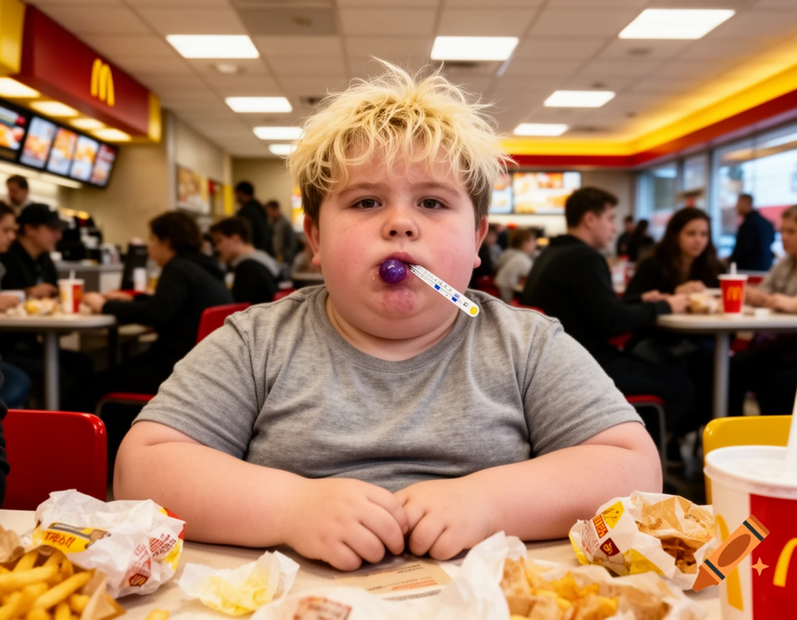 A child with blond messy hair and a purple lollipop with a thermometer in his mouth sits at a table full of fast food in a McDonald's restaurant.