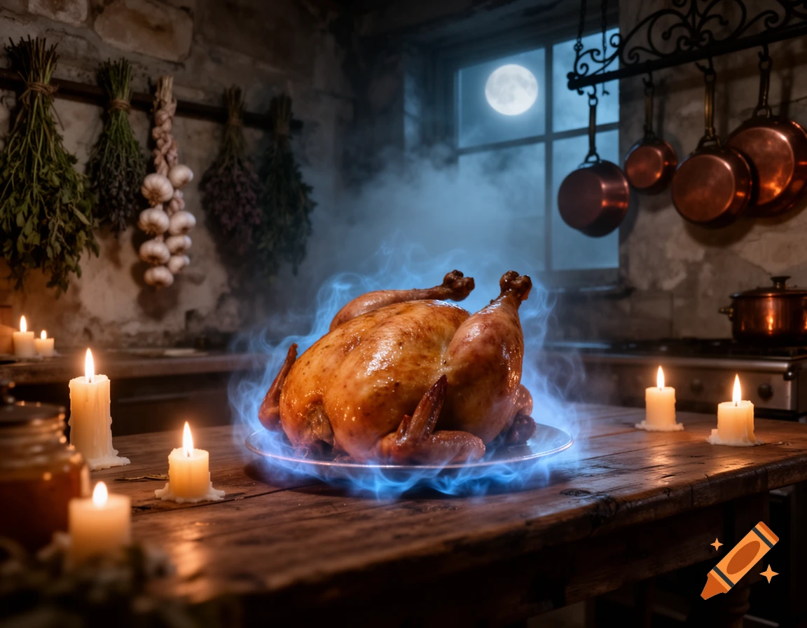A roasted chicken on a platter with blue magical smoke surrounded by lit candles on a rustic wooden table in a dimly lit kitchen at night. A full moon shines through the window.