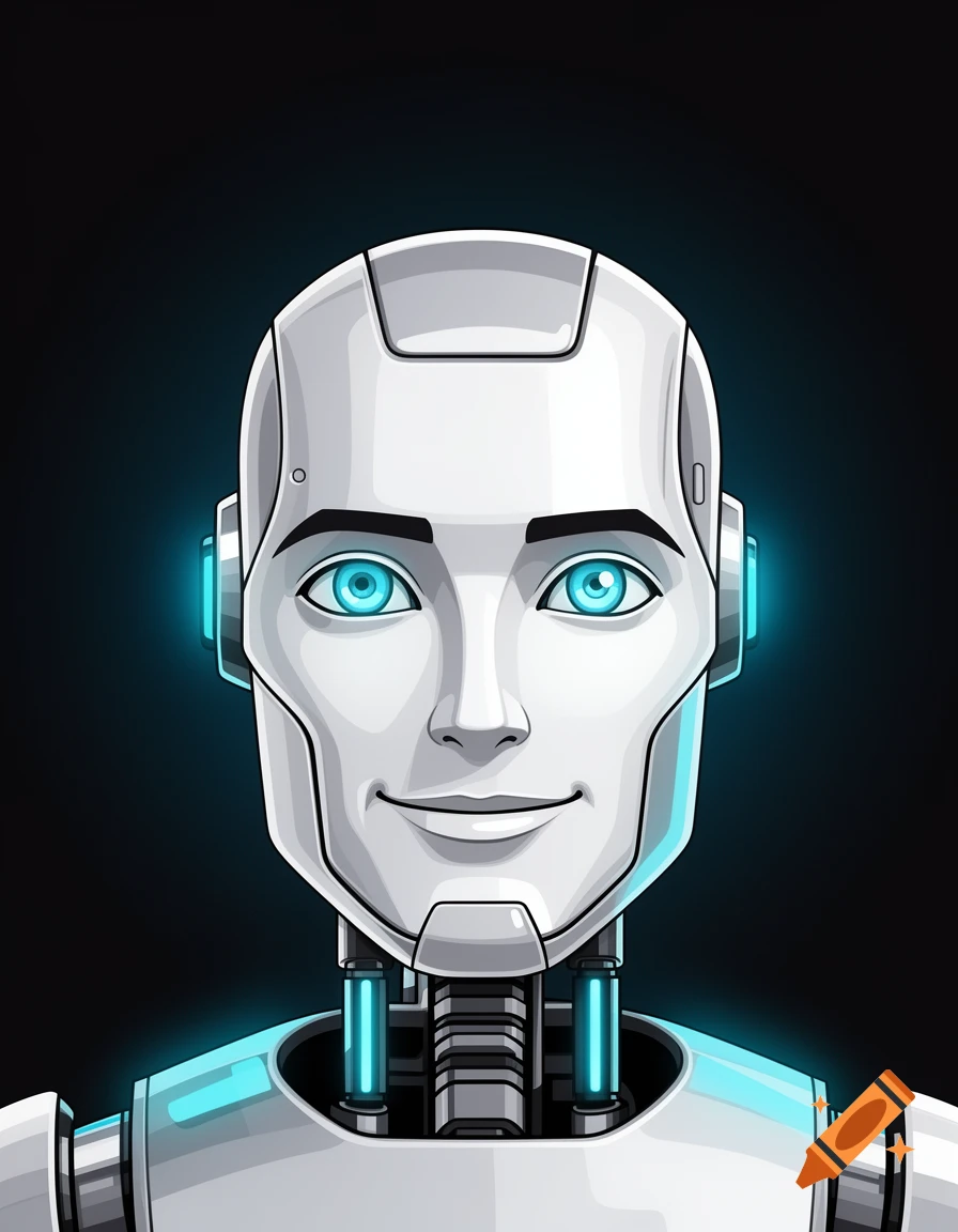 Close-up vector illustration of a friendly white and silver robot with glowing blue eyes and subtle smile, against a dark background with blue glow.