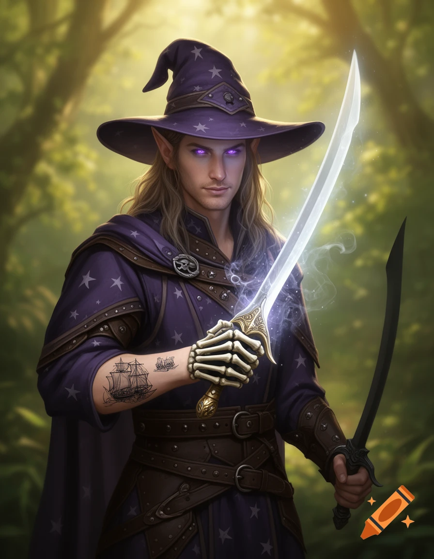 An Eladrin elf wizard in a purple star-covered robe, hat, and leather armor stands in a forest, holding a glowing scimitar with a skeletal hand and a dark scimitar.