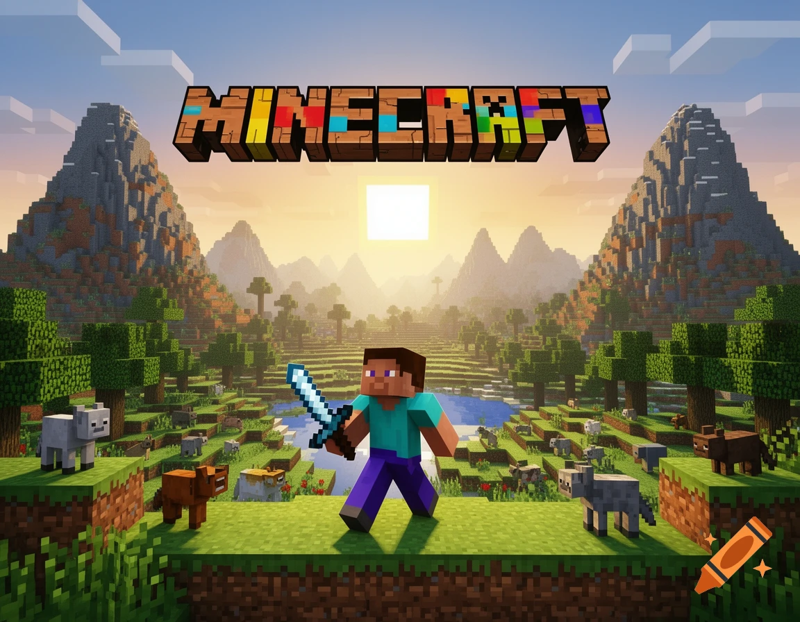 Steve holding a diamond sword in a vibrant Minecraft landscape with mountains, trees, animals, and the game's logo in the sky.