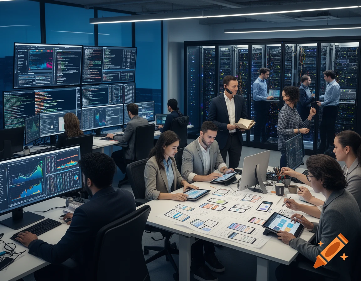 People working in a modern IT office with multiple computer screens displaying code and data, and others collaborating around a table with UI mockups.