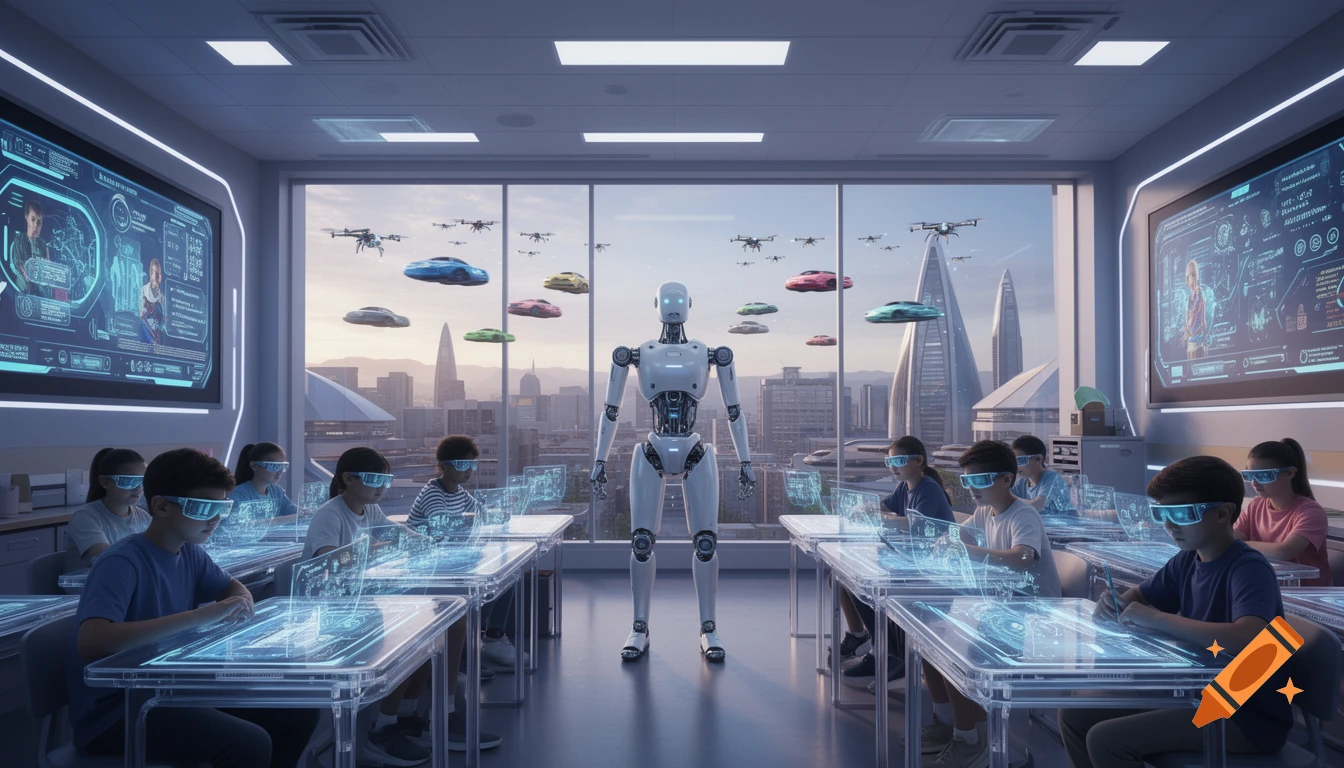 Futuristic classroom with children wearing VR glasses, working on holographic desks. A robot stands at the front, while flying cars and drones are visible outside a large window overlooking a city.