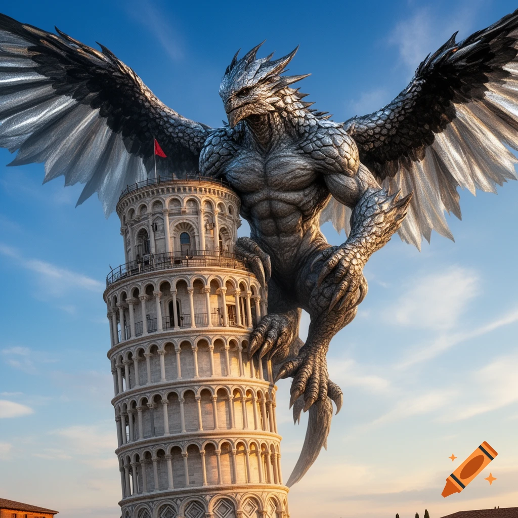 A giant, muscular, winged dragon-like creature clings to the side of the Leaning Tower of Pisa against a clear blue sky.