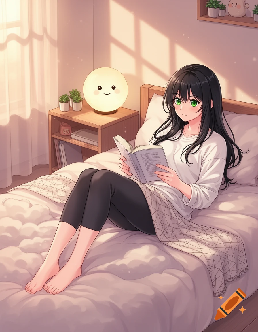 Anime young woman with dark hair reading a book in bed in a sunlit bedroom, wearing a white shirt and capri leggings.