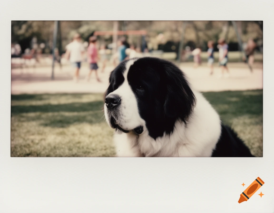 A close-up polaroid photo of a black and white Landseer Newfoundland dog sitting in a grassy park, with blurred children playing in the background.