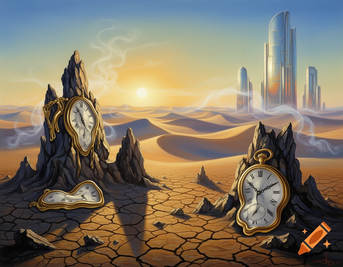 Surrealist painting of a desert landscape with melting clocks on rocks ...