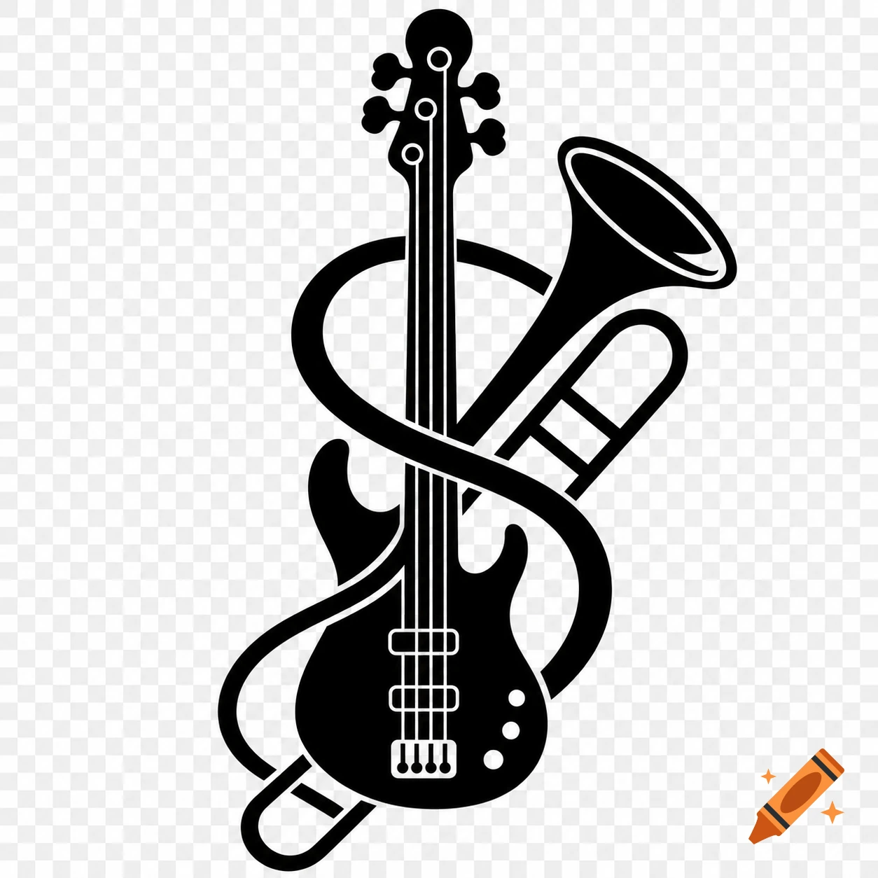 Black silhouette logo of a bass guitar and a trombone intertwined on a transparent background.