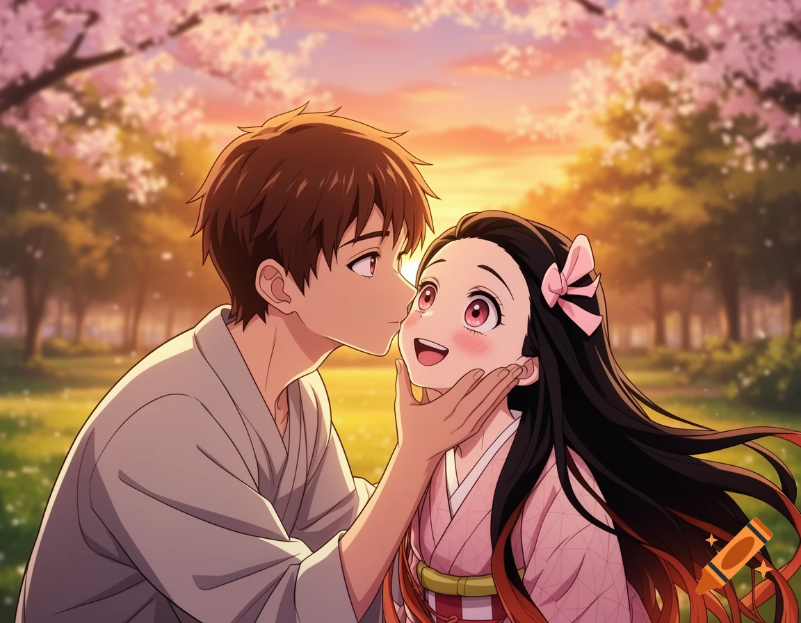 Anime couple at sunset in a park with cherry blossoms. A young man kisses Nezuko Kamado's cheek, who blushes happily.