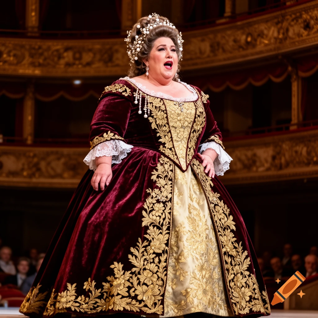 An opera singer in a voluminous red and gold velvet historical gown and pearl headdress, performing on a grand stage.