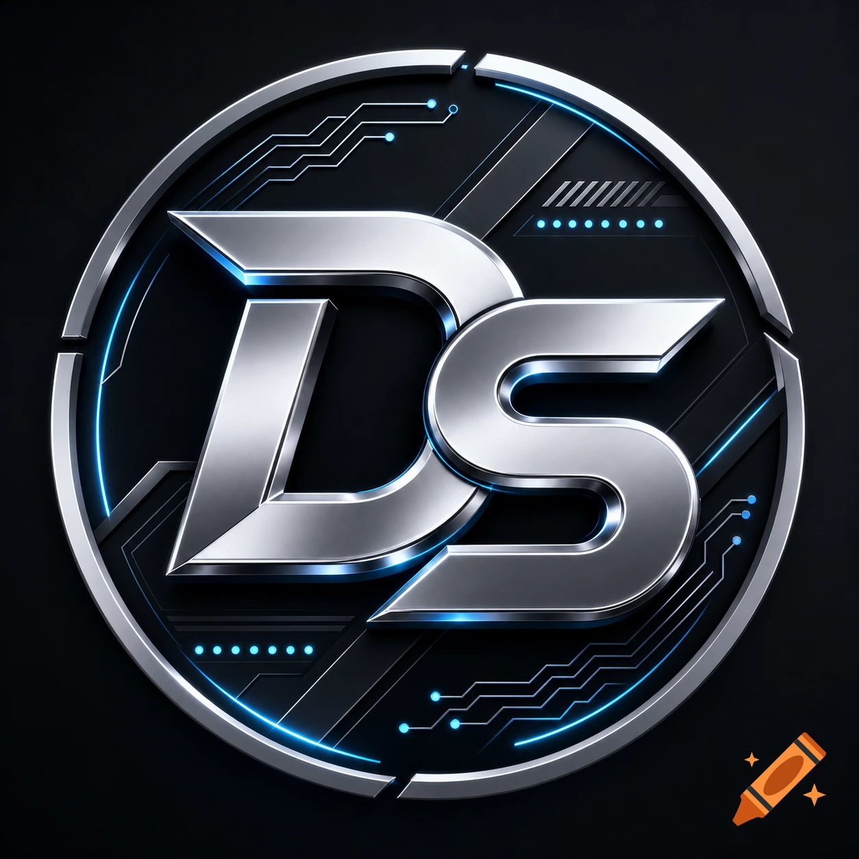 Metallic 'DS' logo with futuristic blue circuit lines on a dark background.