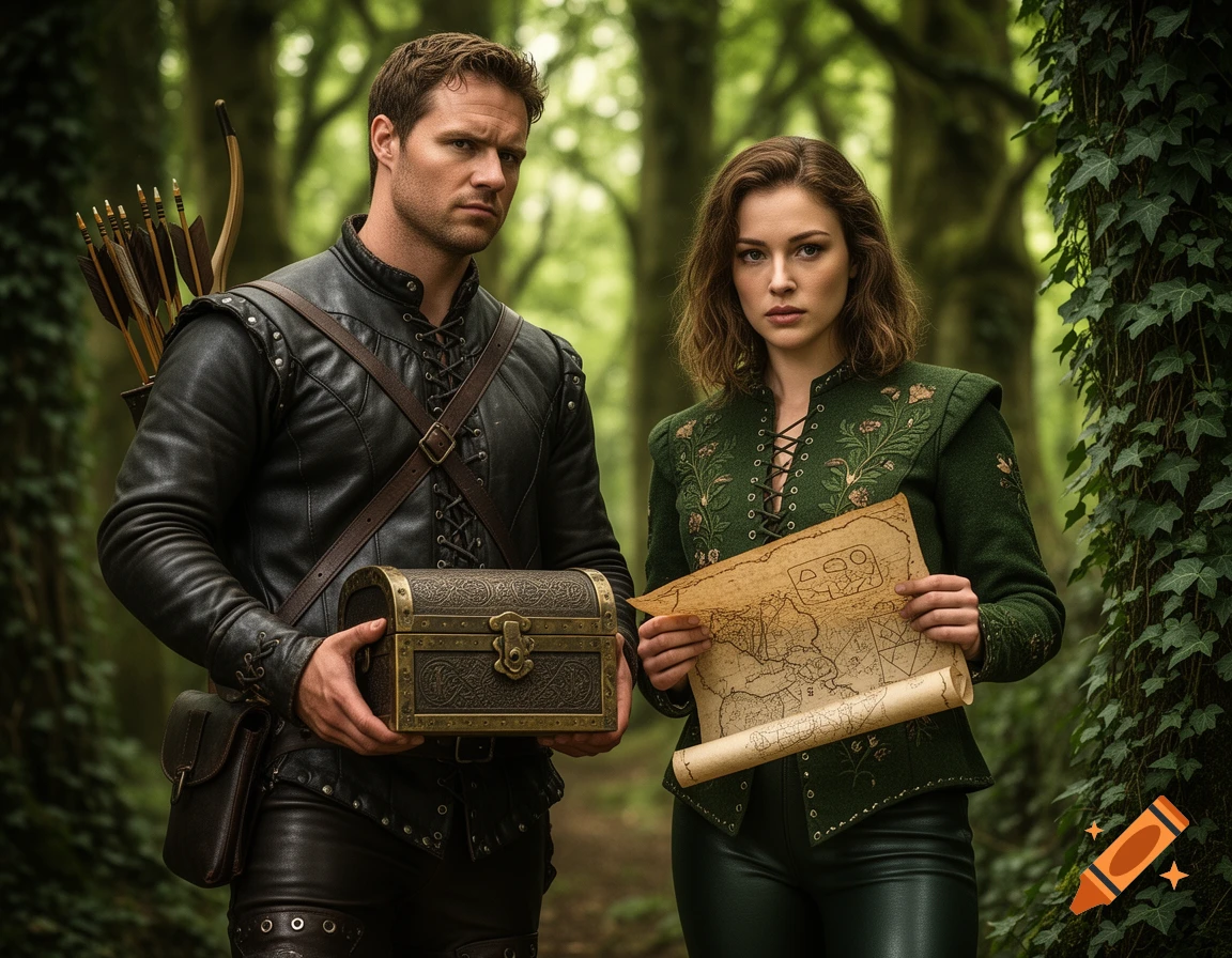 Hyperrealistic image of a man and a woman in medieval rogue archer attire standing in a dense forest. The man holds a small treasure chest, and the woman holds a map.