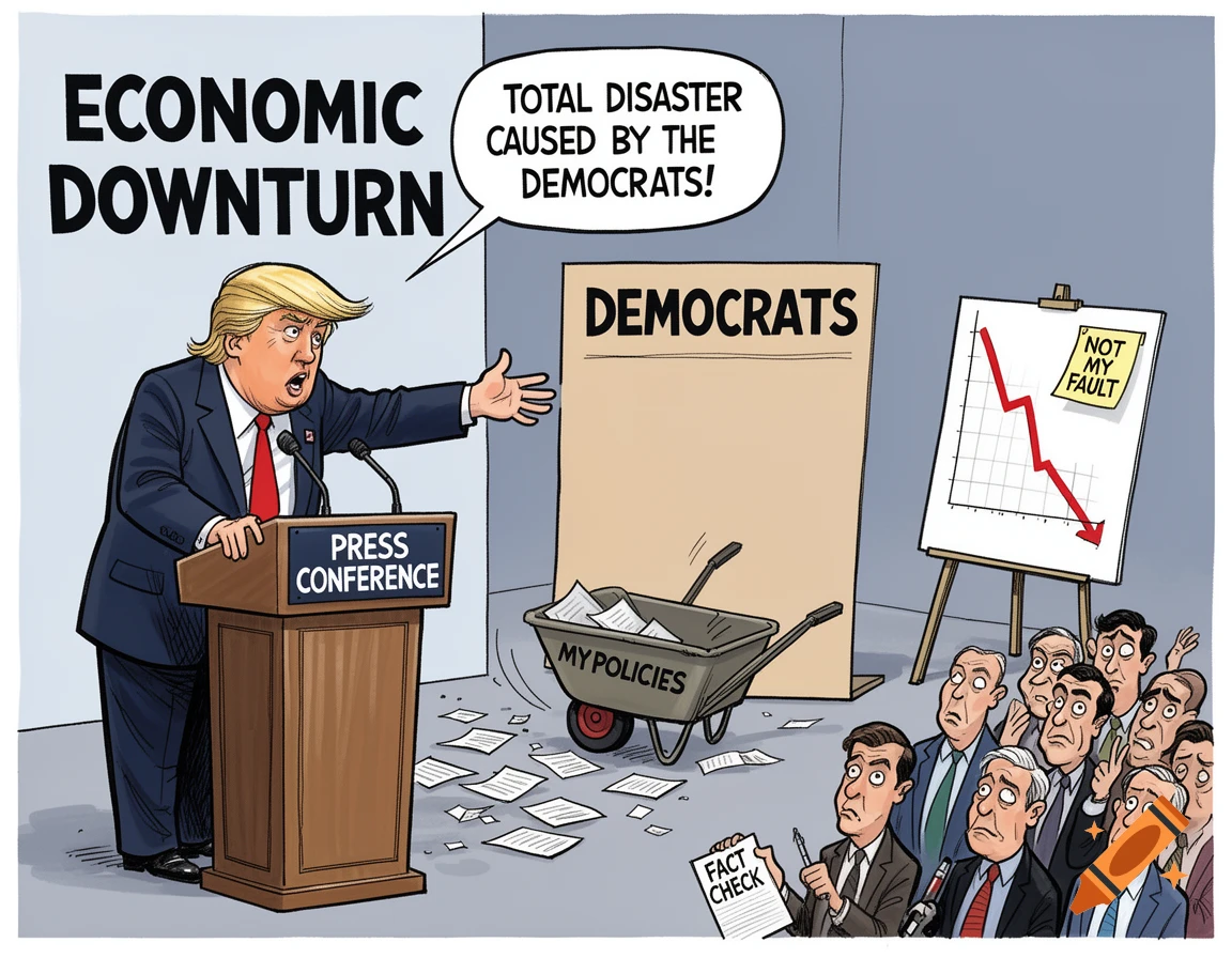 Satirical cartoon of Donald Trump blaming Democrats for an economic downturn, with a 'My Policies' wheelbarrow overturned.