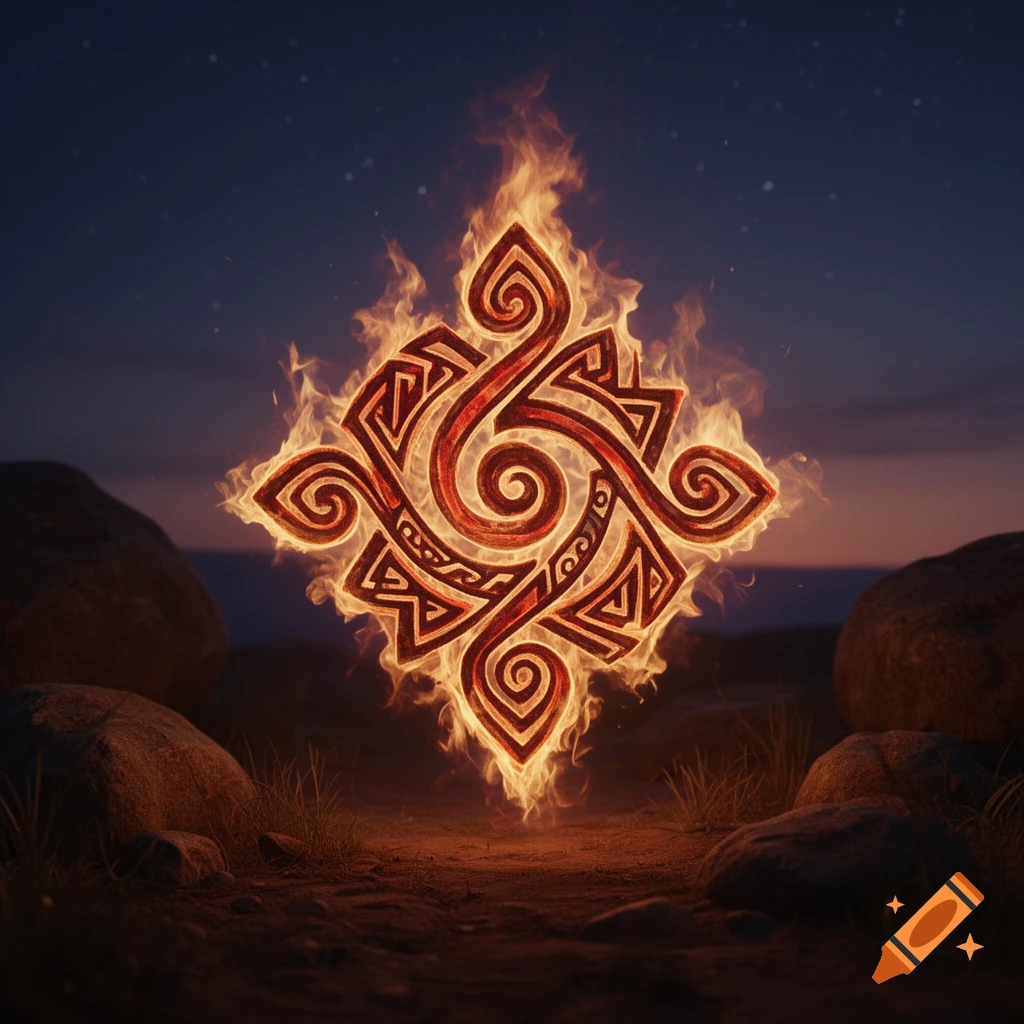 A glowing, intricate tribal glyph engulfed in flames, set against a dark, starry night sky with rocky ground.