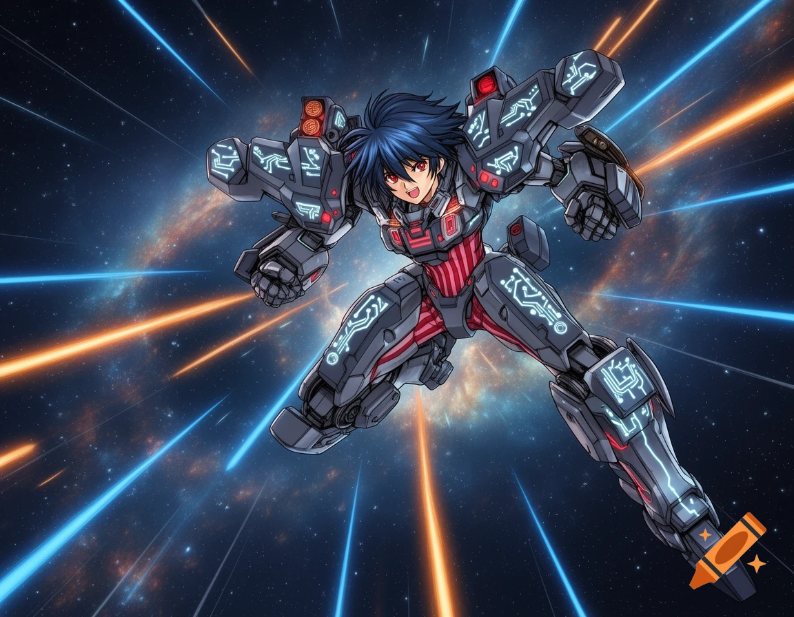 Anime character in a dark gray mech suit with glowing circuit patterns flying through a cosmic space background with light trails.