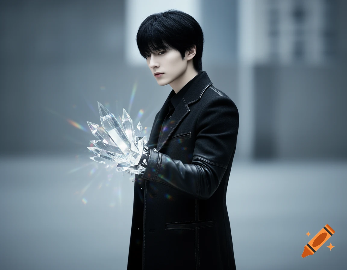A black-haired character with pale skin in a black coat holds glowing crystalline prisms, radiating light, against a gray background.