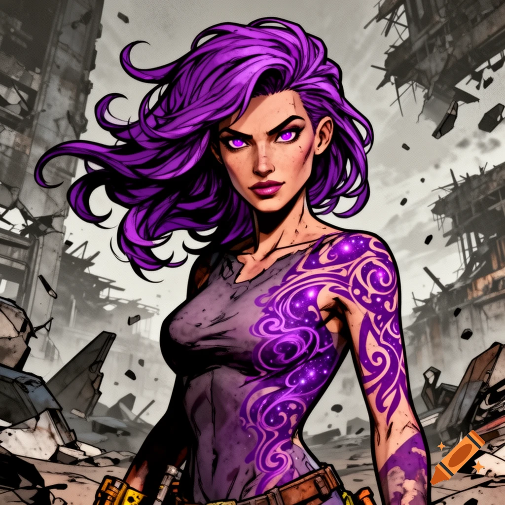 Borderlands-style woman with purple hair, glowing purple eyes, and intricate purple tattoos stands in a desolate, destroyed city.