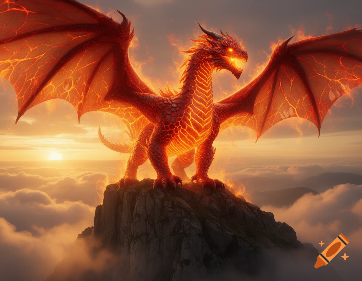 A majestic fiery red dragon with glowing eyes and wings made of fire perches on a jagged mountain peak above clouds at sunset.