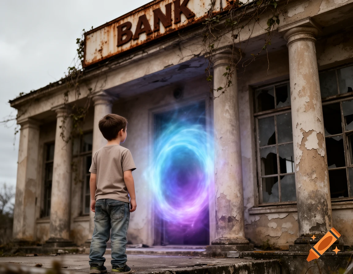 A young boy stands with his back to the viewer, facing a glowing blue and purple portal at the entrance of a dilapidated, abandoned bank.