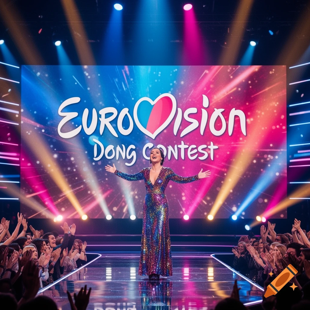 A female singer in a colorful sequined dress performs on stage with arms outstretched, backed by a large screen displaying 'EUROVISION DONG Contest' and an applauding audience.