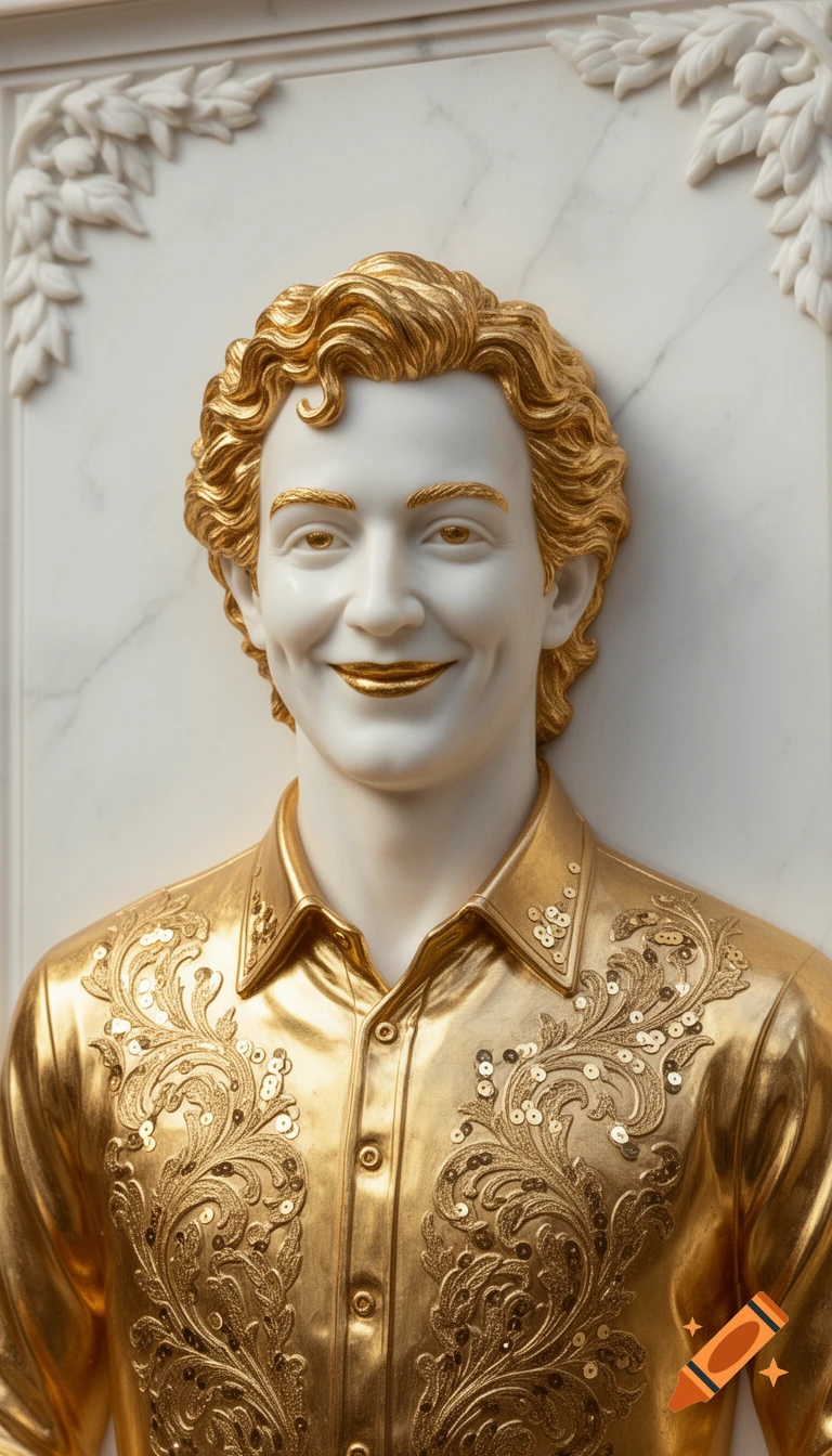 A semi-bas-relief sculpture of a smiling man with gold hair, shirt, and details, set against a cream marble background with carved leaves.