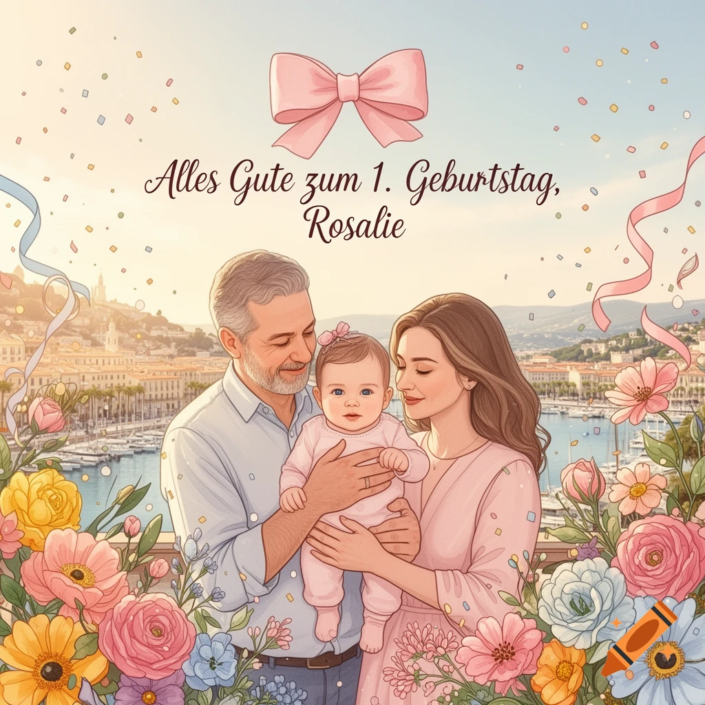 Modern illustration of parents holding baby Rosalie in a floral setting with 'Alles Gute zum 1. Geburtstag, Rosalie' text and a pink bow.