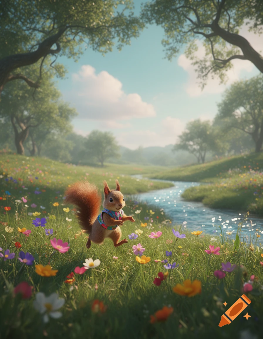 A whimsical squirrel runs through a vibrant green meadow filled with colorful wildflowers, beside a sparkling stream.
