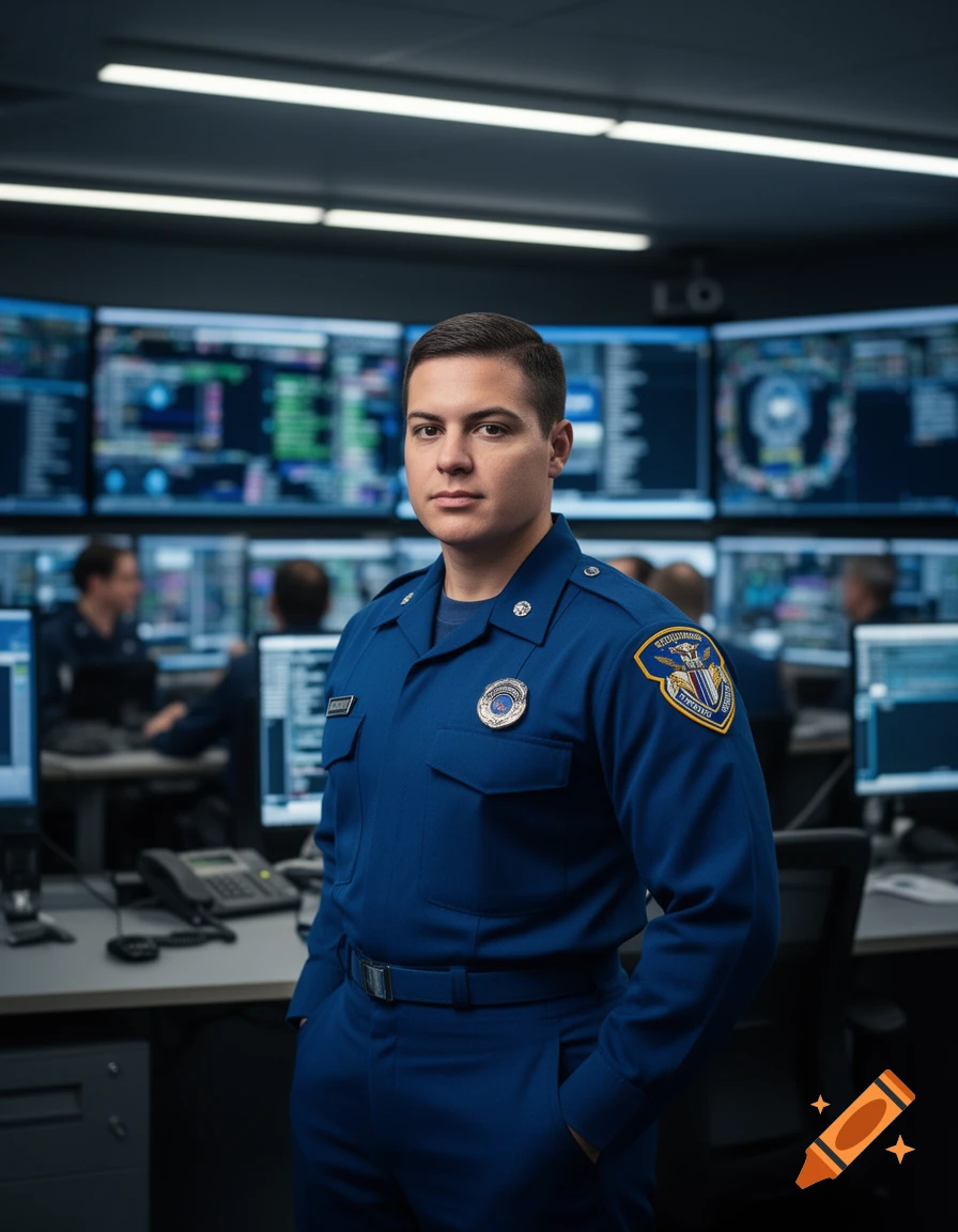 A male security officer in a blue uniform stands in a control room filled with monitors.