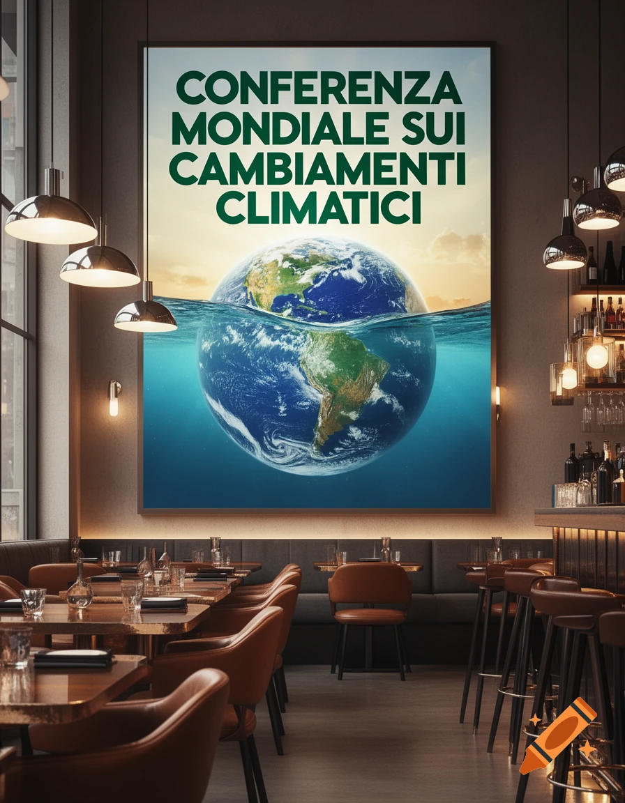 Photorealistic restaurant interior with a large poster featuring Earth half-submerged and text about a World Climate Change Conference.