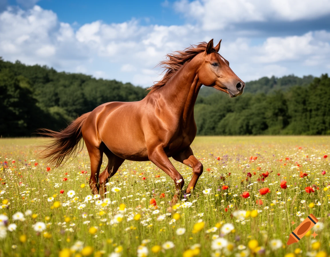 A brown horse with a flowing mane gallops through a vibrant meadow filled with white, yellow, and red wildflowers under a blue sky.