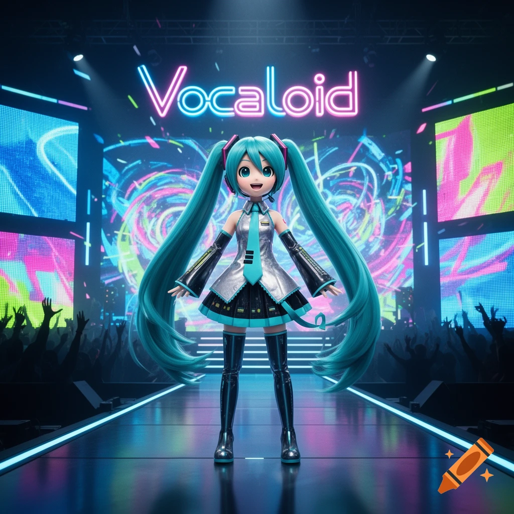 Hatsune Miku, a teal-haired anime character, performs on a neon-lit stage with a 'Vocaloid' sign.
