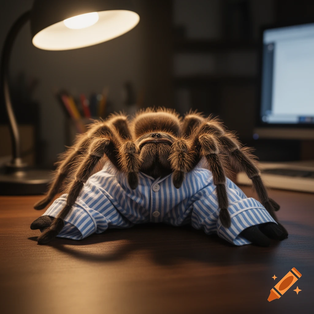A photorealistic tarantula-like spider wearing blue and white striped pajamas sits on a desk under a lamp.