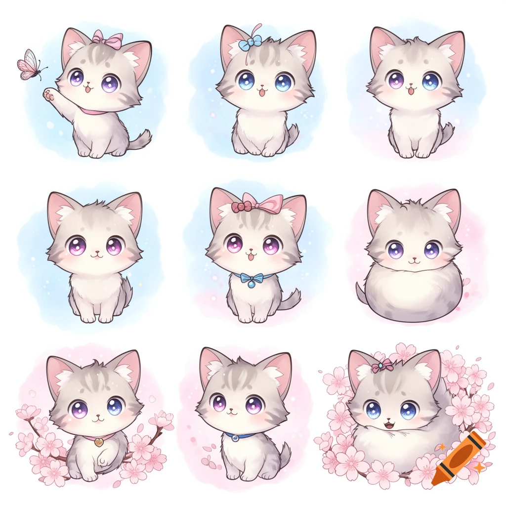 Nine cute chibi kittens with large eyes, some with bows or collars, against pastel backgrounds with butterflies and cherry blossoms.