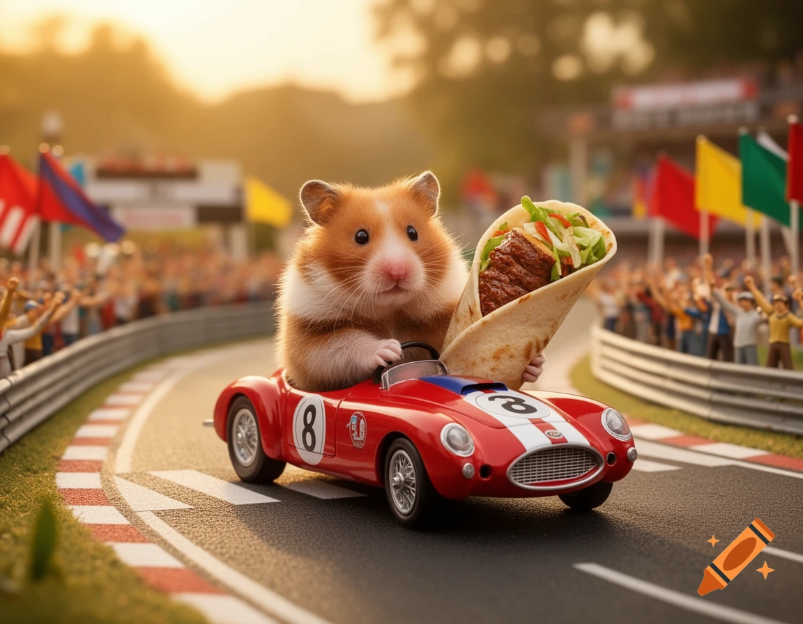 A cute hamster drives a red race car with the number 8 on a track, holding a large doner kebab wrap, cheered by a crowd.