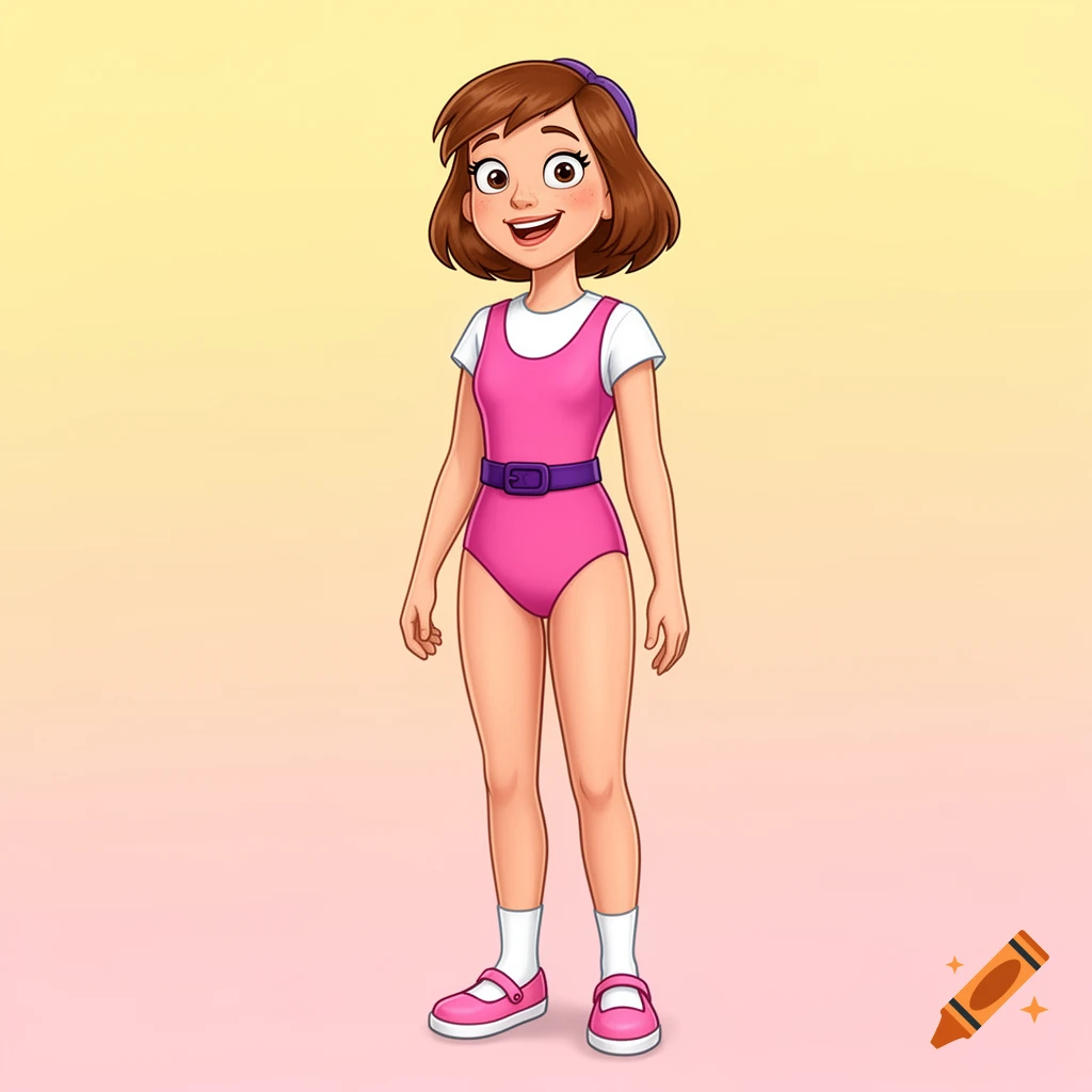 A smiling cartoon girl with short brown hair stands in a pink leotard over a white t-shirt, purple belt, white socks, and pink Mary Jane shoes on a gradient background.