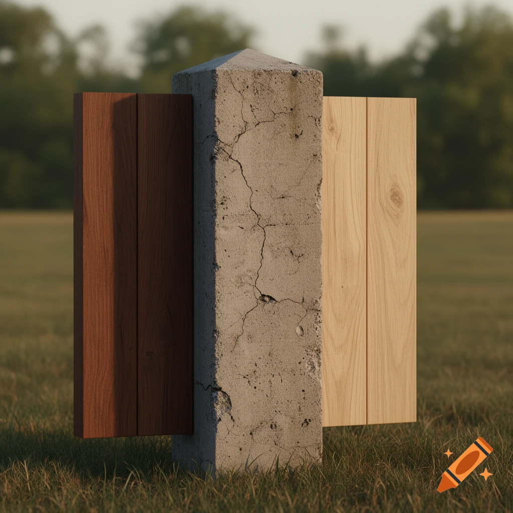 A square concrete post with cracked texture, flanked by a dark brown wood panel and a light natural wood panel, stands in a grassy field.