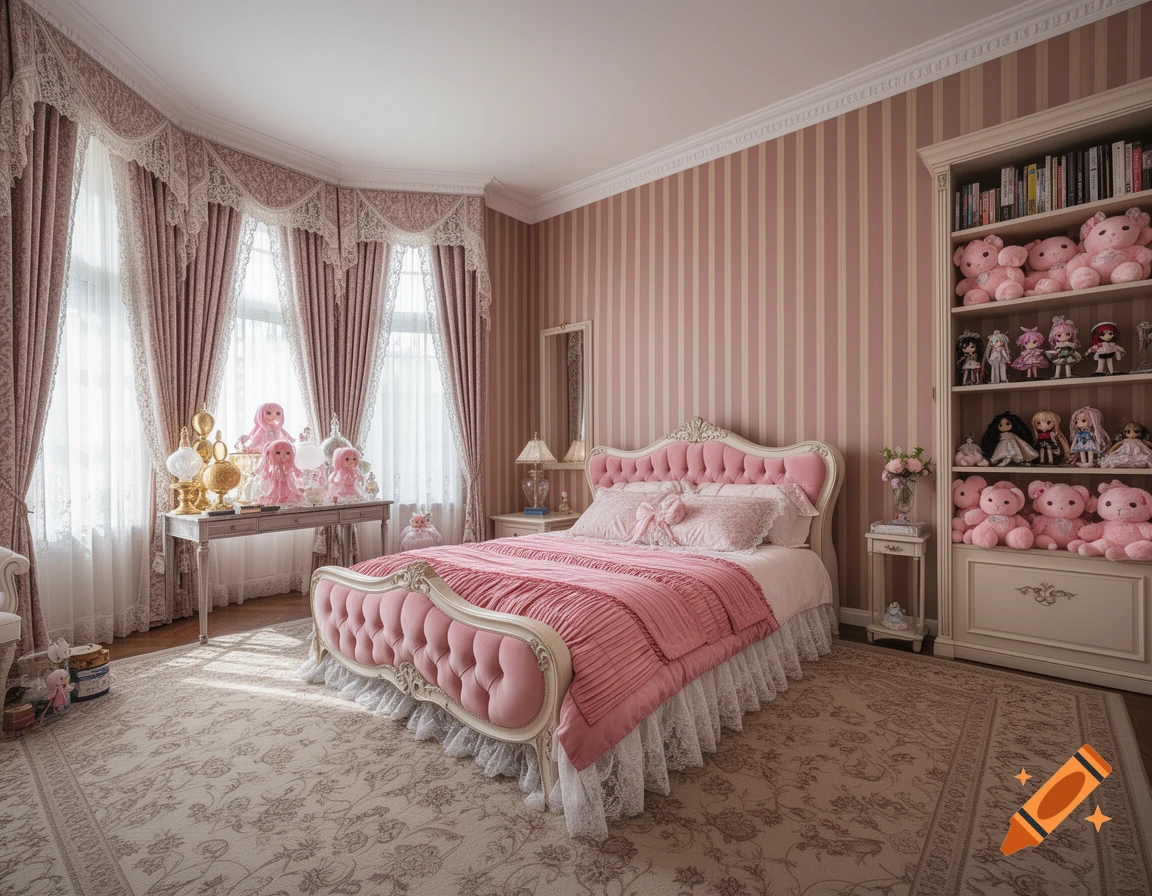 A lavish bedroom with pink and beige striped wallpaper, a tufted pink bed, lace curtains, and shelves filled with pink plush toys and dolls.