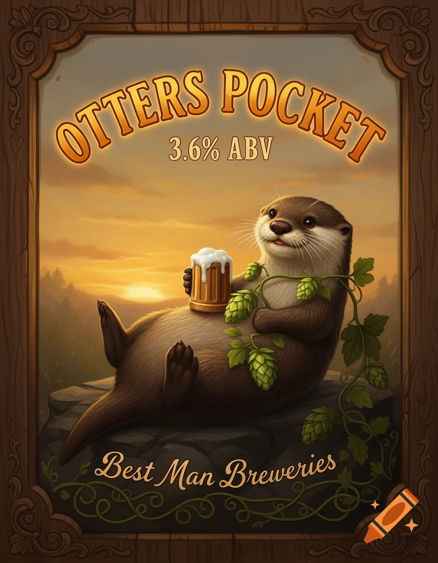 A cartoon otter holding a beer mug on a wooden brewery sign, with text "Otters Pocket 3.6% ABV Best Man Breweries" against a sunset.