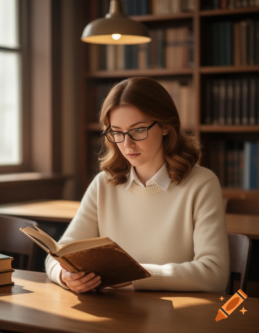 A young woman wearing glasses and a cream sweater reads a book at a wooden desk in a library.