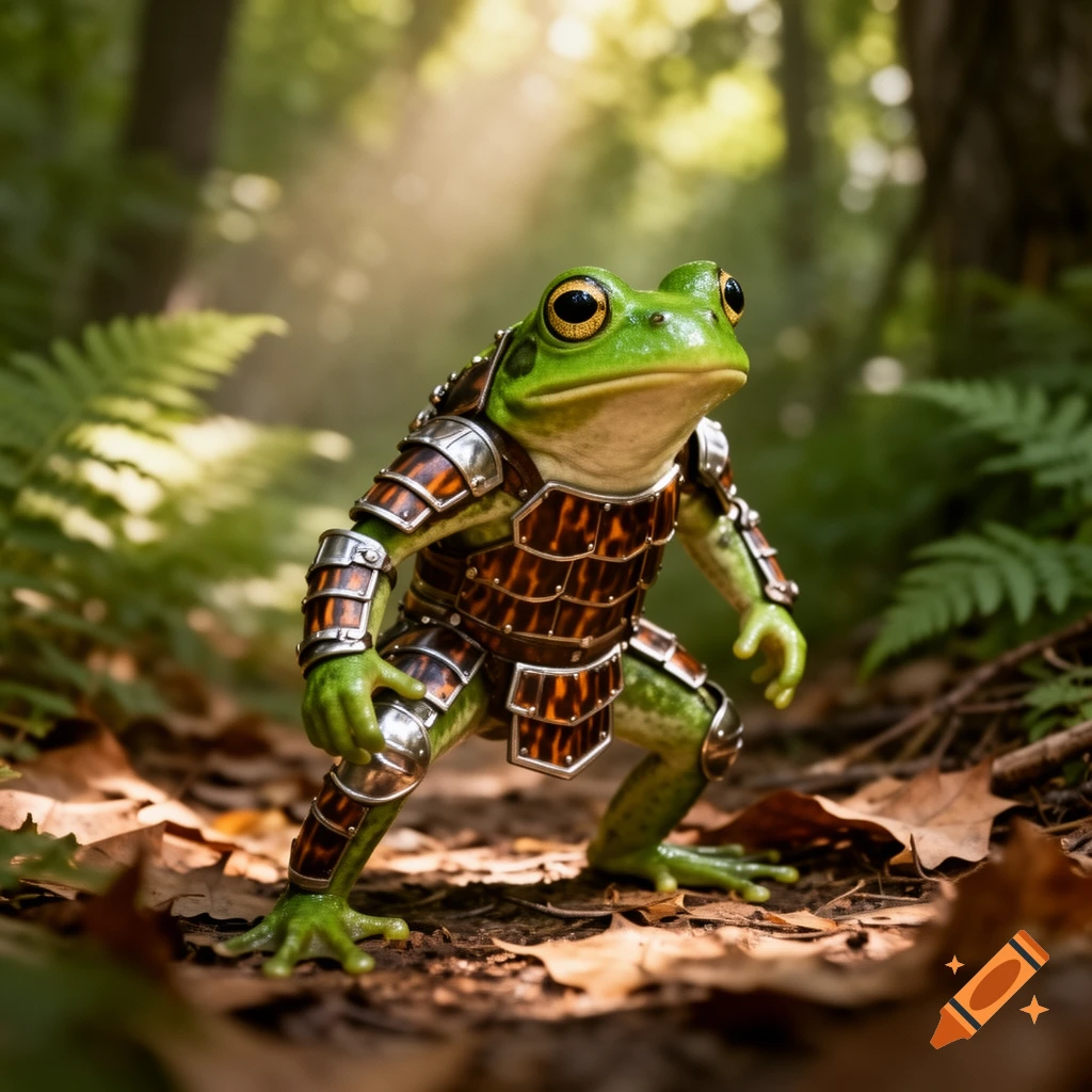 A detailed, photorealistic frog warrior in ornate brown and silver ...