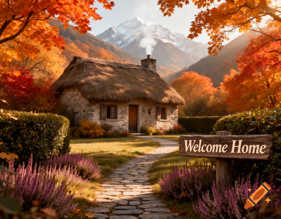 A picturesque thatched cottage nestled in a vibrant autumn landscape with a stone path and a 'Welcome Home' sign.
