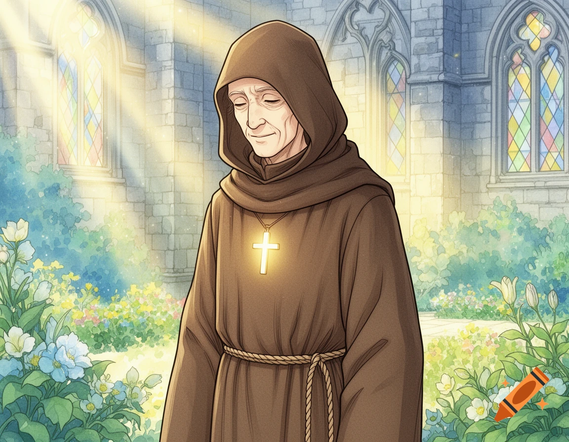 A serene manga-style monk with a glowing cross necklace stands in a sunlit garden by a church with stained glass windows.