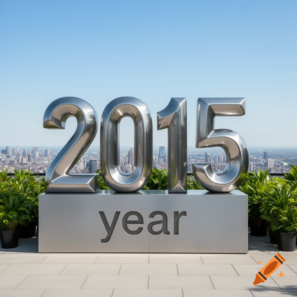 Large metallic numbers '2015' and the word 'year' on a base, overlooking a city skyline under a clear blue sky.