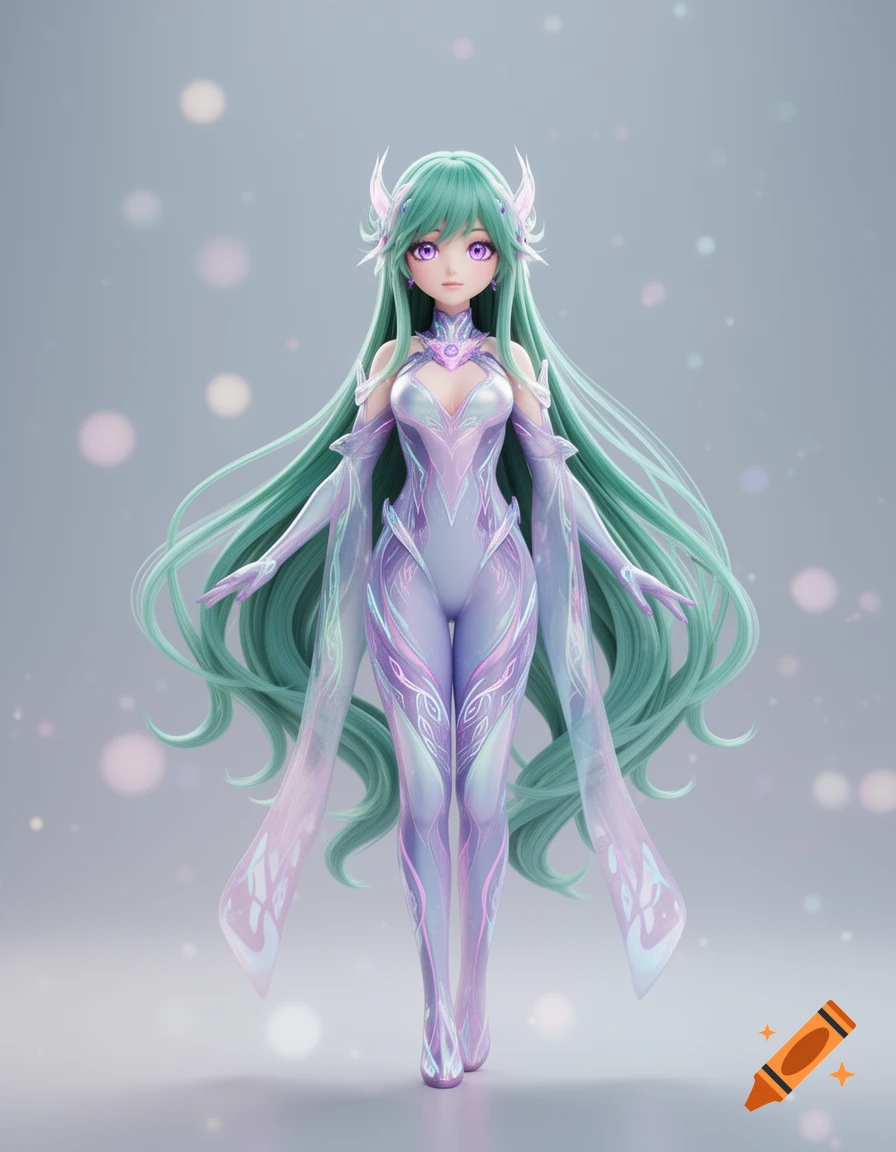 A 3D anime female character with long mint green hair, purple eyes, and an iridescent light purple and white suit, standing.
