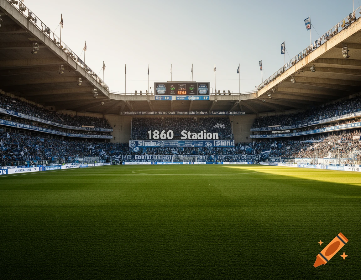 A wide-angle, low shot of a packed football stadium with a green field, stands full of blue-clad fans, and '1860 Stadion' on a large banner.