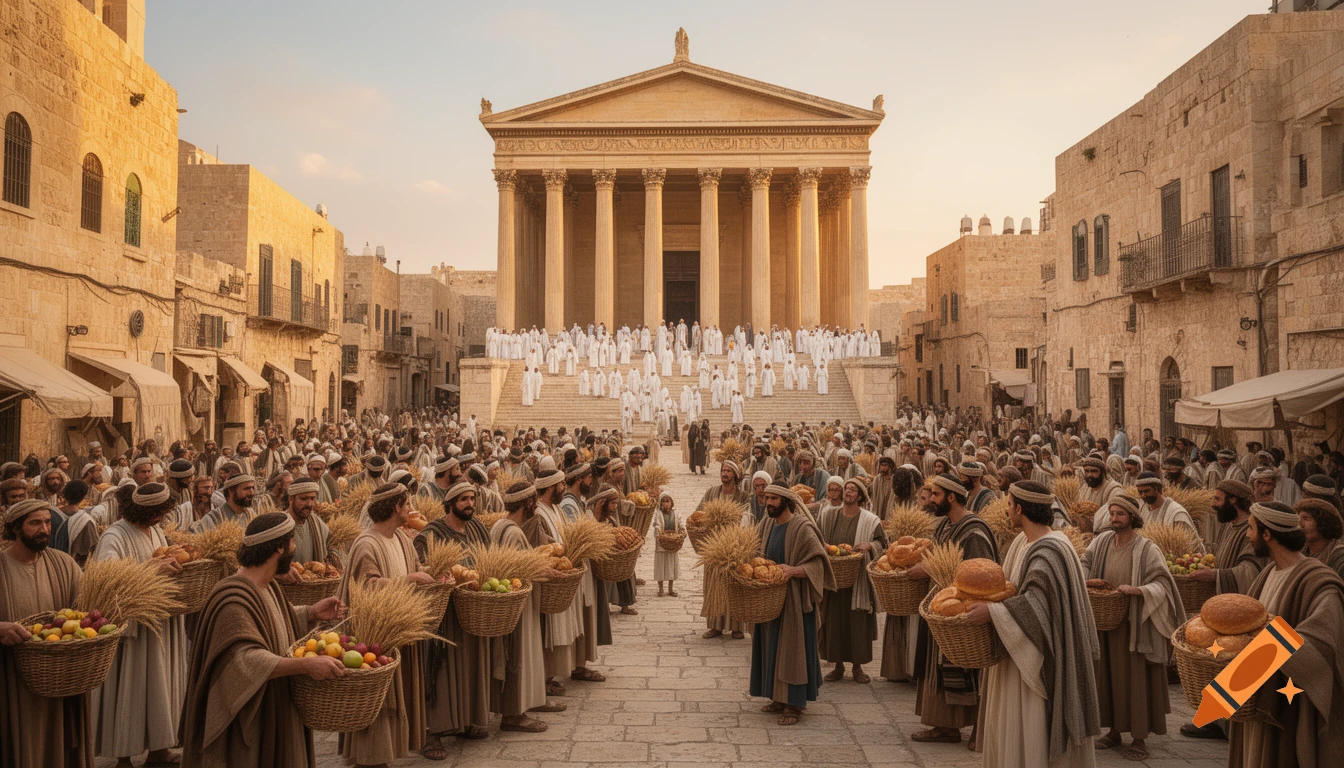 Photorealistic scene of ancient Jerusalem, a large crowd carries offerings in baskets towards a grand temple under warm light.